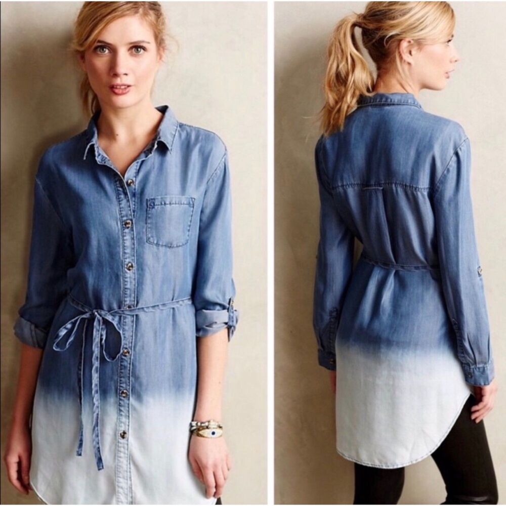 ANTHROPOLOGIE HOLDING HORSES Ombre Dip Dye Tencel Belted Shirt Dress/Tunic, S